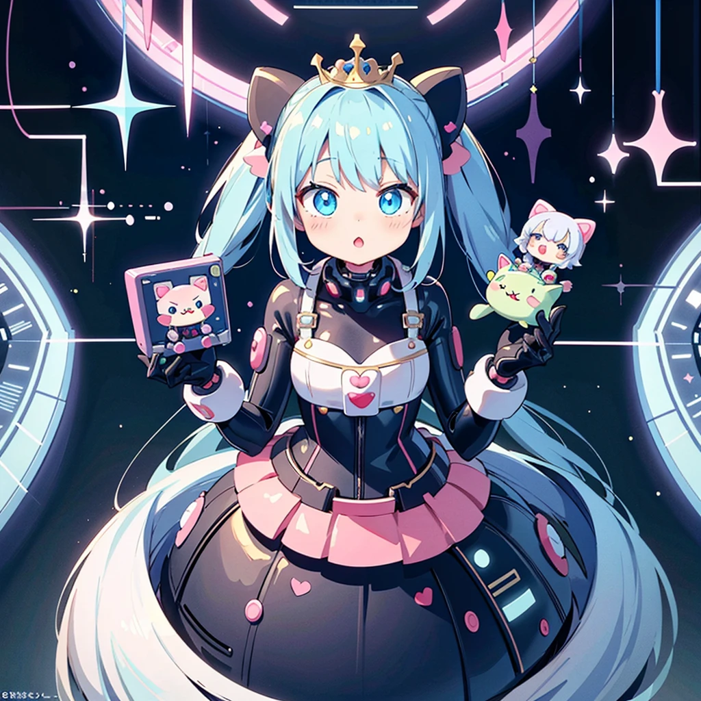 (Kawaii Character:1.4), 
Cyber Princess,
She is immersed in cyber networks,
(Special effects),
masterpiece, Highest quality,
Clear images, Clear images, Clear images, Unrealistic image, 
Highly detailed background,kawaii tech,