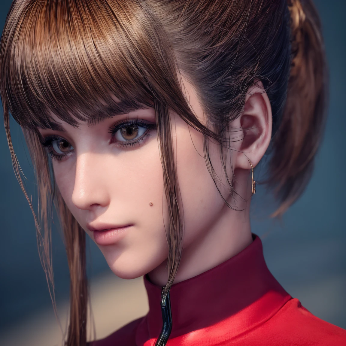 woman is posing looking at the camera, for a photography portrait, photo session in a studio with lighting with red and water green gels, the woman is in a frontal pose,Brown eyes, Eve, Short bob haircut, Stellar blade, Fringe hair, Ponytail hair, unreal engine skin:0.3, hyper-realistic eye details, well-focused photography, 8k uhd, vivid colors, full face portrait, full head portrait