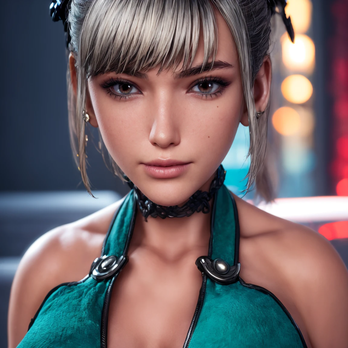 woman is posing looking at the camera, for a photography portrait, photo session in a studio with lighting with red and water green gels, the woman is in a frontal pose,Brown eyes, Eve, Short bob haircut, Stellar blade, Fringe hair, Ponytail hair, unreal engine skin:0.3, hyper-realistic eye details, well-focused photography, 8k uhd, vivid colors, full face portrait, full head portrait, 