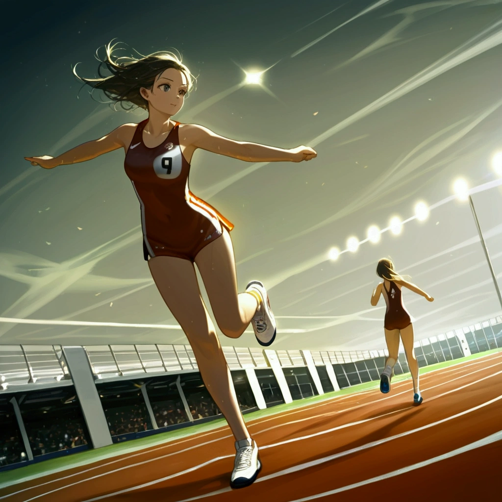 score_9, score_8_up, source anime, official art, 8k, ultra-detailed,very aesthetic, absurdres, perfect anatomy, dramatic angle, multiple girls, women athletes running in the track, Olympic, outdoor, stadium, cinematic lighting, newest, Perfect Hands