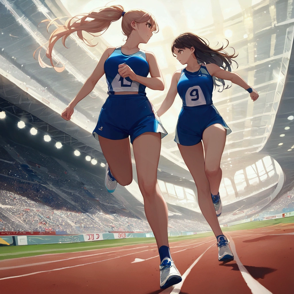 score_9, score_8_up, source anime, official art, 8k, ultra-detailed,very aesthetic, absurdres, perfect anatomy, dramatic angle, multiple girls, women athletes running in the track, Olympic, outdoor, stadium, cinematic lighting, newest, Perfect Hands