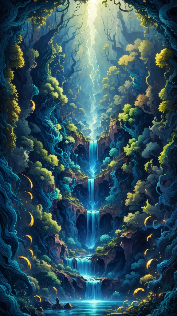 (masterpiece, top quality, best quality, official art, beautiful and aesthetic:1.2), a stunning art, abstract, centered, intricate, highly detailed, breathtaking beauty, precise line art, vibrant, comprehensive, cinematic, deep shadows, a blue waterfall in a green jungle 