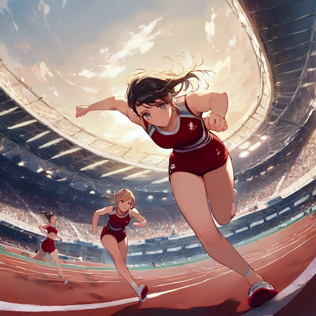 score_9, score_8_up, source anime, official art, 8k, ultra-detailed,very aesthetic, absurdres, perfect anatomy, dramatic angle, multiple girls, women athletes running in the track, Olympic, outdoor, stadium, cinematic lighting, newest, Perfect Hands