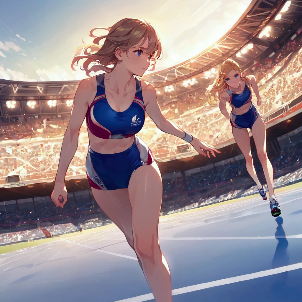 score_9, score_8_up, source anime, official art, 8k, ultra-detailed,very aesthetic, absurdres, perfect anatomy, dramatic angle, multiple girls, women athletes running in the track, Olympic, outdoor, stadium, cinematic lighting, newest, Perfect Hands