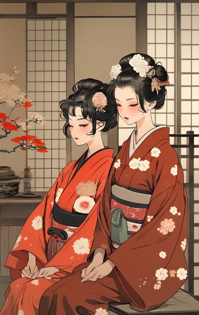 two women are in two kimono costumes sitting in their room, japanese clothes, hair ornament, kimono, kanzashi, looking down, flower, floral print, multiple girls, sash, hair flower, obi, 2girls, black hair, hair stick, lantern, half-closed eyes, bangs, sitting