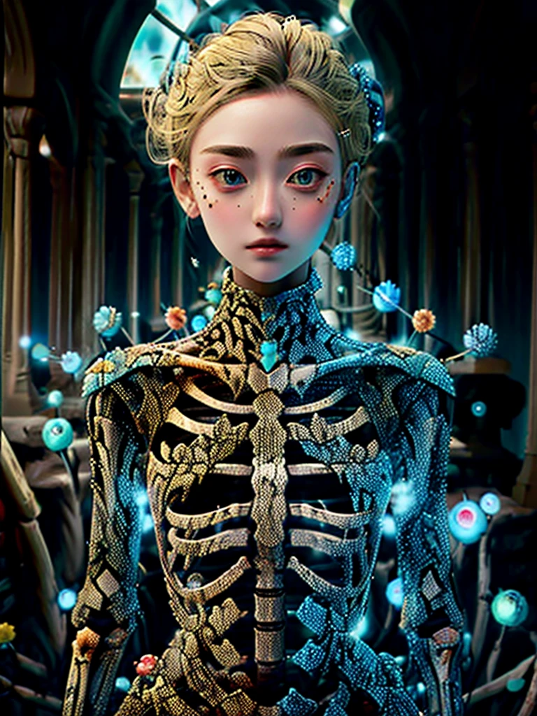 Margaret, a shy and charming blonde high school girl, is fixed with her arms open to a pillar made of 4-inch square timber arranged in a crisscross pattern.。Her bones are glowing blue in the x-rays. She looks down and is sad.。On top of a desolate, dusty rocky mountain。A detailed, manga-style anime digital art in color。
