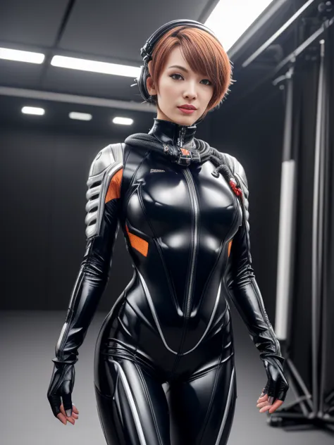 a highly detailed realistic ((fall body)) (( merrinjs )) wearing a space helmet, muvluv style eva helmet, pale skin latex, looki...