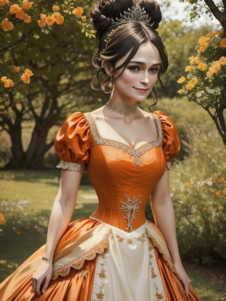 Masterpiece,, fine detail, HDR, highly detailed face and eyes, photorealistic, smiling, open mouth excited,ballgown, keira knightley in a orange and white silk dress standing in front of a tree , wearing a ballgown,big breasts, detailed face, long eyelashes, colorful eye shadow, colorful makeup, 4k,8k,very tiny waist,full body photography,hair bun,black hair