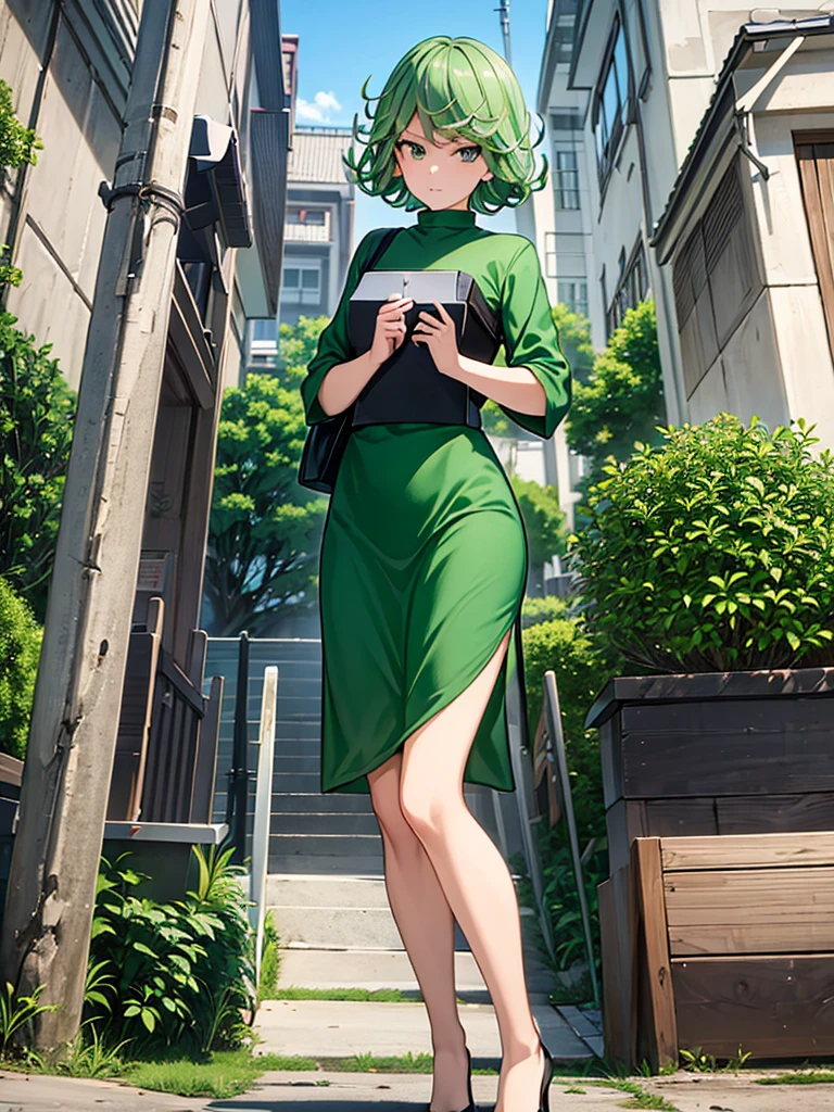 1girl Tatsumaki,  , Green Short Hair, Green Eyes, Fly, Bag, beautiful scenery, japan, Gate School, high res, ultrasharp, 8K, masterpiece, looking at viewer 