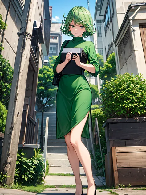 1girl tatsumaki,  , green short hair, green eyes, fly, bag, beautiful scenery, japan, gate school, high res, ultrasharp, 8k, mas...