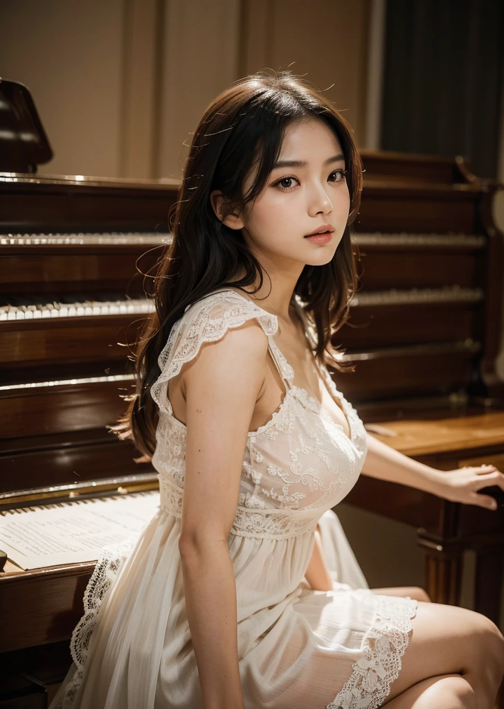 (1 female)、Highest quality、masterpiece、Ultra-high resolution、(Photographic realism:1.4)、Original photo,there is a woman that is playing a ピアノin a room, playing piano, orchestra, Members of the music troupe、Philharmonic、Standing in a beautiful and bold lace dress、straight, Black Hair、Delicate hair details、In front of a large audience, Beautiful Asian Girl, serenity and elegance, Great composition,