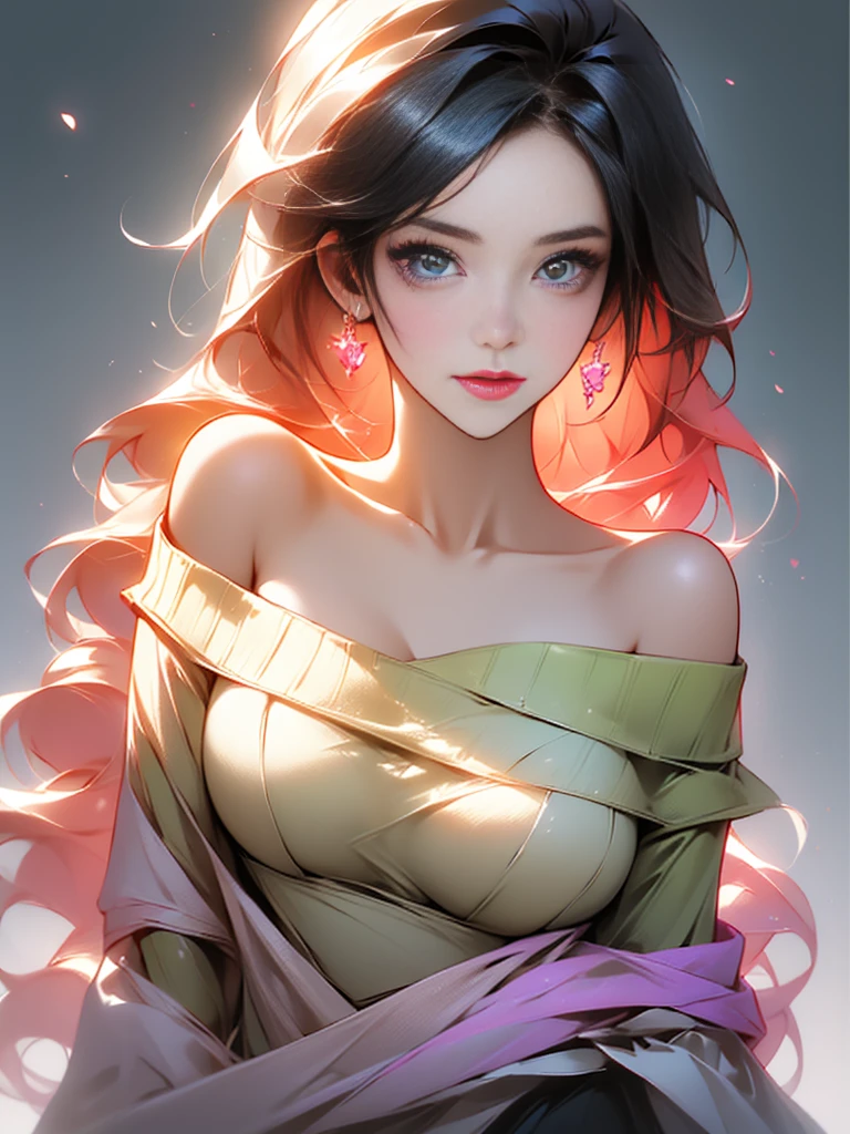  ((beautiful woman with flawless  skin)), long hair with gradient glow,electric colors, clearly defined facial features, big detailed eyes, ((( wearing an off the shoulder sweater))) glowing in the background, masterpiece, best high quality image,96k, uhd, depth of field, 1080P wallpaper, spotlight, character focus, high quality, insanely detailed, ray tracing ,UHD picture quality in the style of Amy Sol