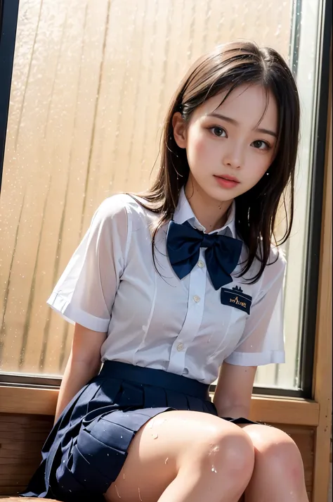 Very detailed CG Unity 8k 壁紙、Highest quality、Very detailed、masterpiece、reality的、Realistic、Very detailedかわいい女の子、18-year-old、(High school students in Japanese uniforms)、((Photographed from the front:1.4))、((Navy blue high school girl bow tie:1.4))、((sitting in a wooden box:1.4))、blush、Cleft lip、Looking at the audience、Semi Body Shot、(A room in a love hotel)、(National High School Designated Shoes)、(Navy blue short pleated skirt,:1.5)、(Short-sleeved white shirt for students)、 (Dark blue bow tie:1.2)、(Light brown long hair)、(Beautiful Face:1.3)、(Perfect Proportions:1.2)、(Long legs:1.2)、(Small breasts:1.3)、((Blouse wet in the rain、The brush is transparent))、(Bra is sheer)、(((Wet Hair、Wet Skin)))、((Upper Body))、reality:1.7、((Rain outside the window:1.4))、A good woman who drips water、Very wet、
