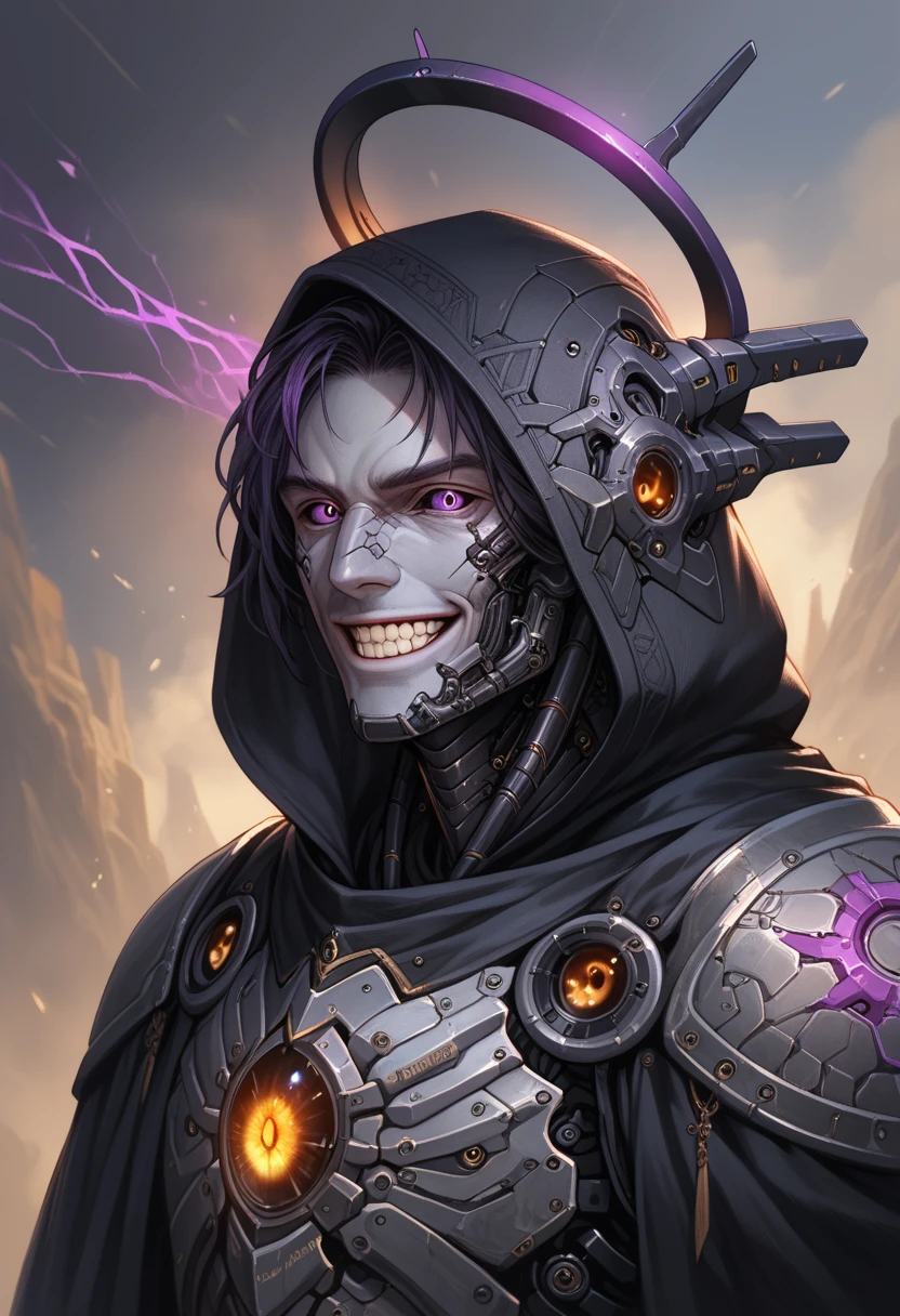 1 male,solo,grey skin, villian,black mechanical armor,full armor,detailed texture,fantasy,smile teeth,pale skin,energy veins on armor,black cloak,black hood, glowing purple eyes,black sclera,detailed,(machina), purple ornament,detailed texture,black colour halo,detailed texture,