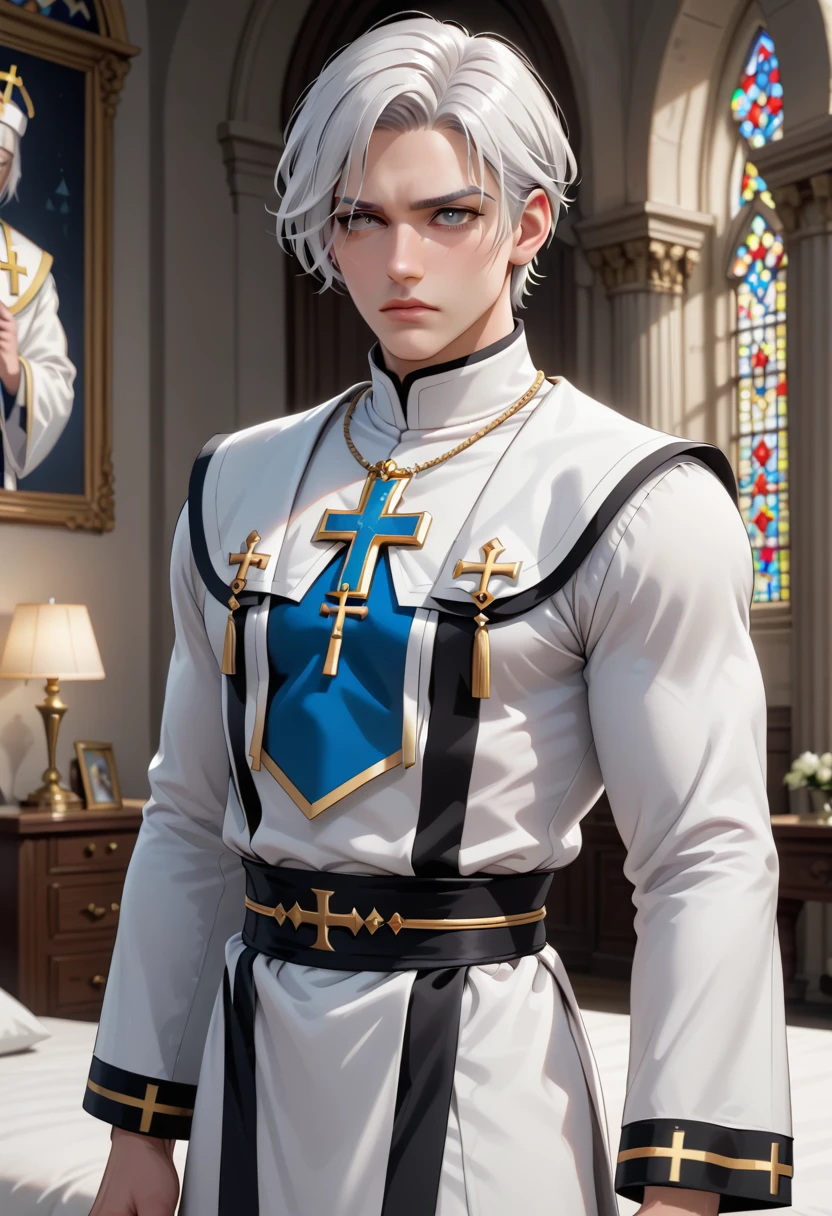 1boy, serious, looking to the side, gray eyes, white hair, short hair, straight hair, priest clothes, muscular, bedroom, masterpiece quality, ultra HD, 4K, best quality