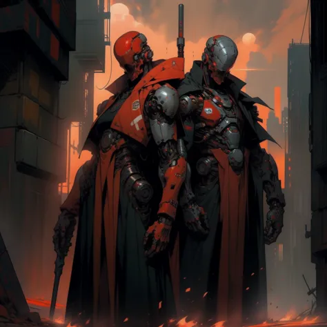 there, deadly cyborg killer in robe and armor, danger, red sky,post apocalypse