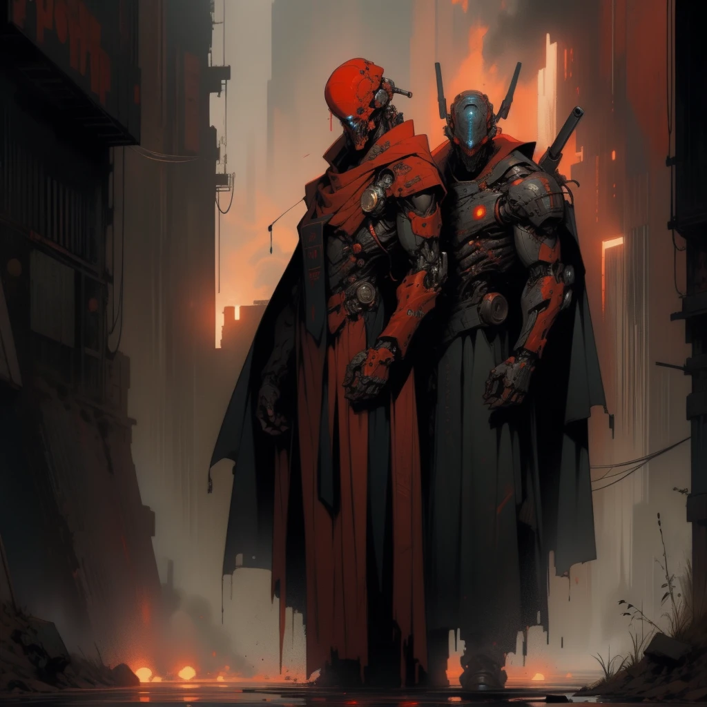 There, deadly cyborg killer in robe and armor, danger, Red Sky,post apocalypse 