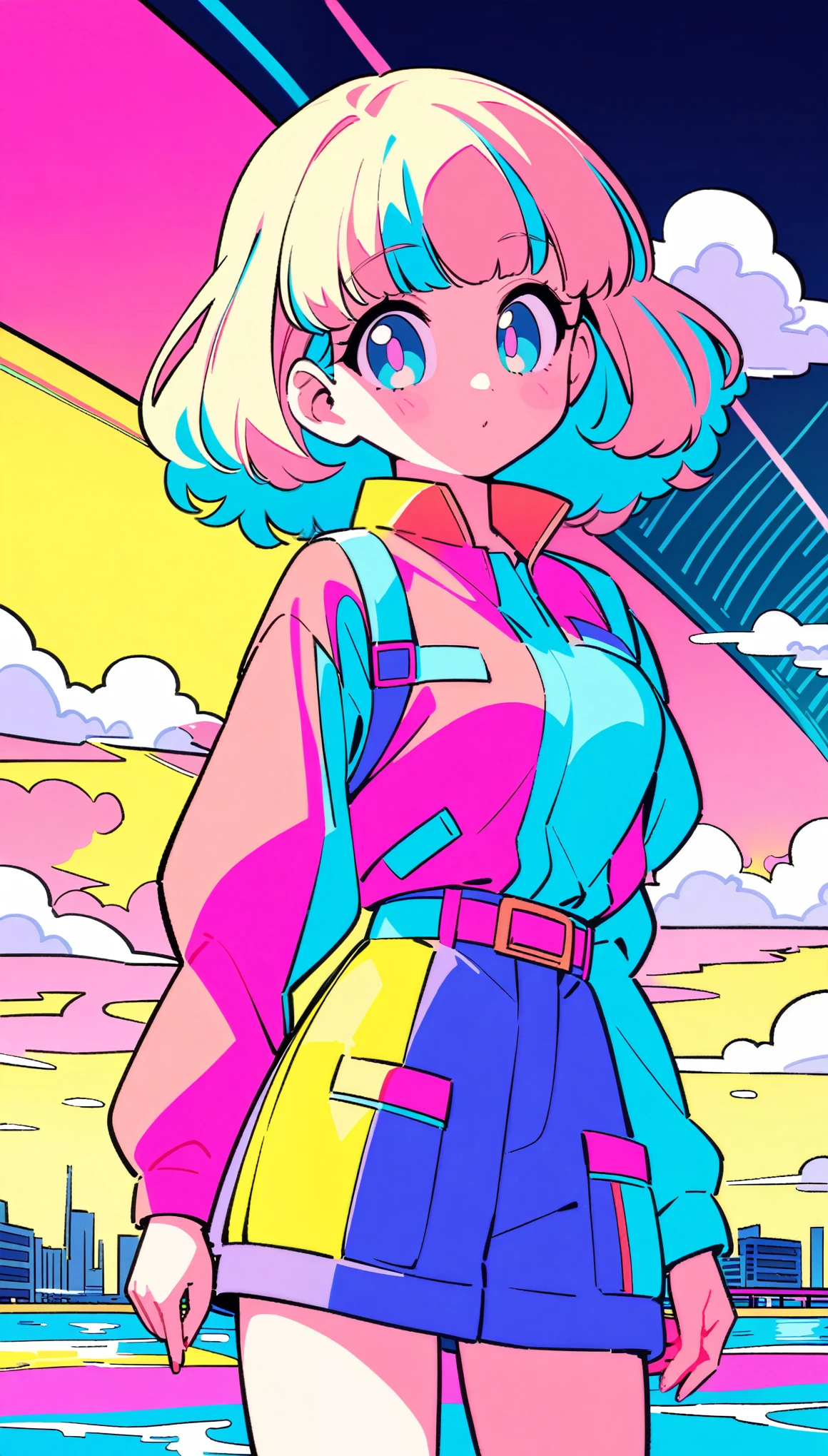 masterpiece, Highest quality, Beautiful attention to detail, Very detailed, In detail, High resolution, Perfect Anatomy, colorful, pastel colour, One Girl, alone, (City pop illustrations), (City Pop Art), Simple Background, Retro Style, (Vaporwave City Pop), (1980s City Pop), (City Pop Anime), (river, bridge), Retro Style, 1980s Fashion, Cowboy Shot,