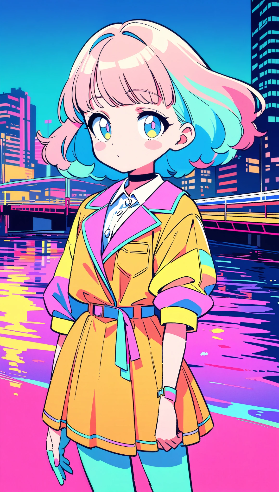 masterpiece, Highest quality, Beautiful attention to detail, Very detailed, In detail, High resolution, Perfect Anatomy, colorful, pastel colour, One Girl, alone, (City pop illustrations), (City Pop Art), Simple Background, Retro Style, (Vaporwave City Pop), (1980s City Pop), (City Pop Anime), (river, bridge), Retro Style, 1980s Fashion, Cowboy Shot,