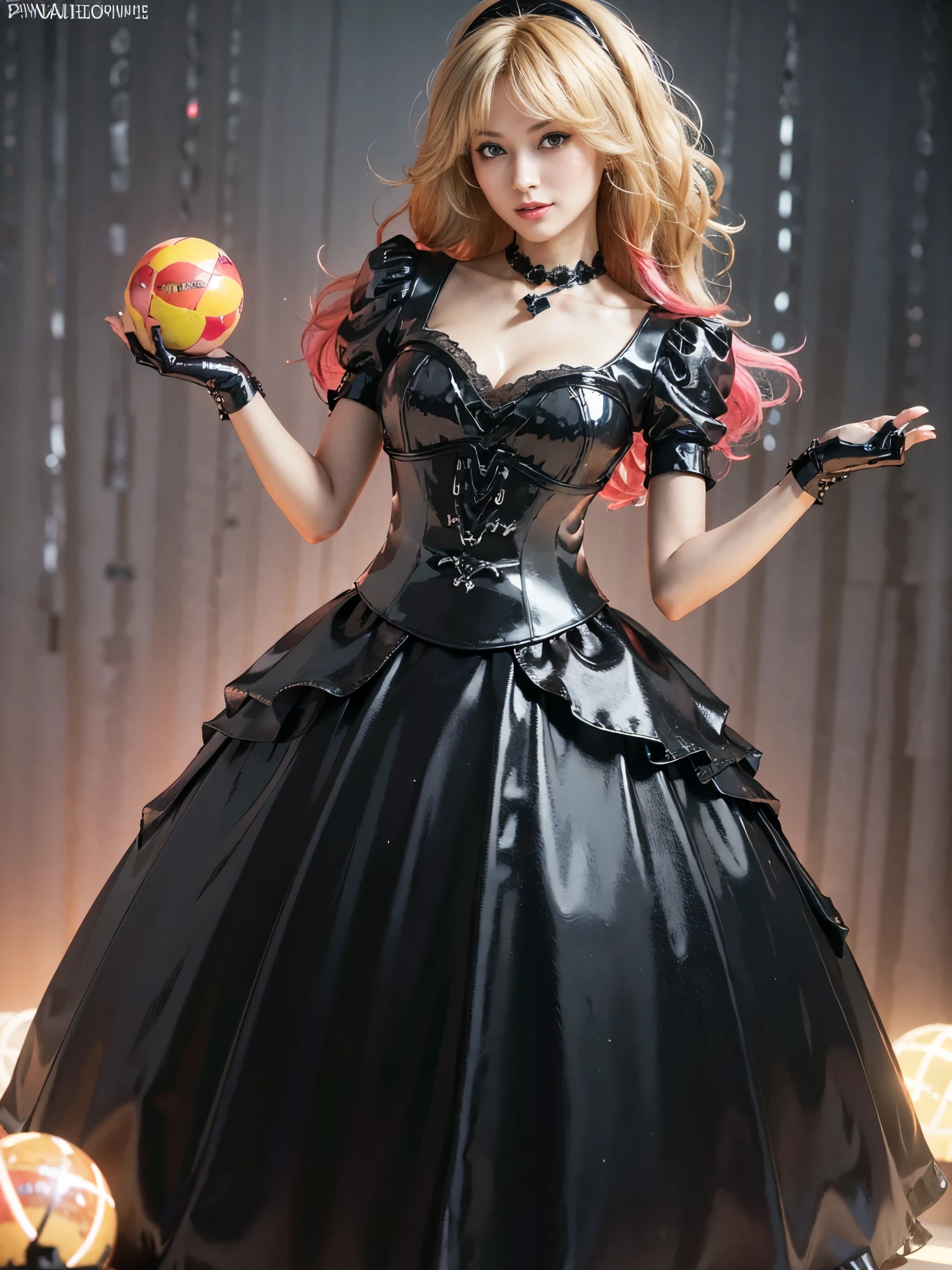 (best quality, 4k ,8k, highres, masterpiece:1.2), ultra-detailed, (realistic, photorealistic, photo-realistic:1.37), sexy stylish Swedish model, (big smile), peaches fruits, gyaru, lip-gloss, eyeliner, vivid eyeshadow, full body Esbian, (((sheer black latex  ball gown（neon black)))), colorful highlights, colorful flowing hair, sweet and sexy, seductive look ,conceptual art, High quality, Realistic, extremely detailed CG unified 8k wallpaper, highly detailed, High-definition raw color photos, professional photography, Realistic portrait, Cinematic Light, ultra details, (((Bokeh))), depth of fields, illumination, ultra detailed neon street background,big Breasts, keira knightly 