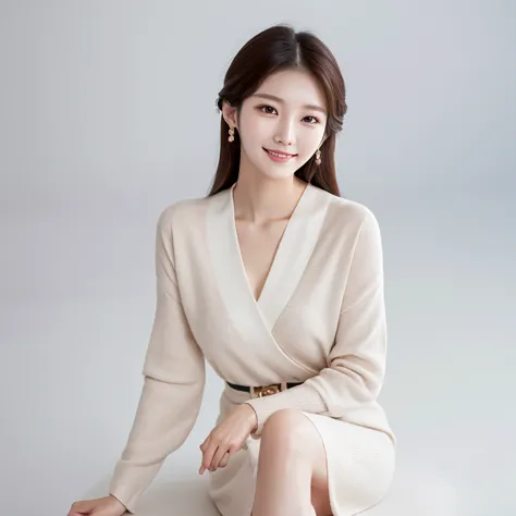 South Korea,　Beauty, beautiful detailed face,　clothes with timeless elegance,　sitting, smile,　White background, high-angle-shot,...