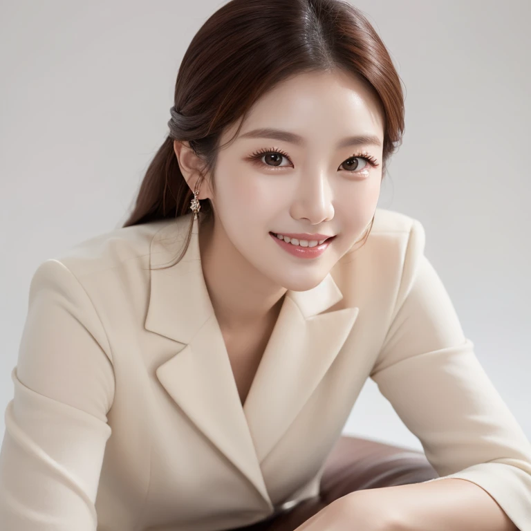 Corea del Sur,　Belleza, rostro hermoso y detallado,　ropa con elegancia atemporal,　sentado, sonrisa,　[fondo blanco, tiro de ángulo alto, obra maestra,