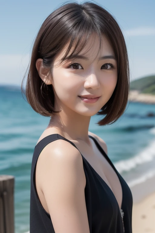 30 years old、Japanese women, (She is wearing a sleeveless top with a low V-neck:1.2),( Sheer blouse:1.0),(RAW Photos, Highest quality), (Realistic, photo-Realistic:1.4), masterpiece, Very delicate and beautiful, Very detailed, 2k wallpaper, wonderful, In detail, Very detailed CG unity 8k wallpaper, Very detailed, High resolution, Soft Light, Beautiful detailed girl, Very detailed eyes and face, Beautiful and detailed nose, Beautiful attention to detail,Cinema Lighting,Clear blue sky, coastline, The cape is visible in the distance, Perfect Anatomy, Slender body, smile,(Fashionable hairstyles: 1.3),Emphasizing women&#39;s bust、sexy