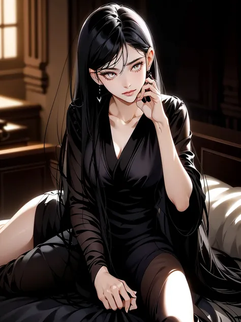 a long black hair girl, wears transparent nightgown, night, sitting on bed, dim bedroom, (elegant), (sexy), (devine), (brilliant...