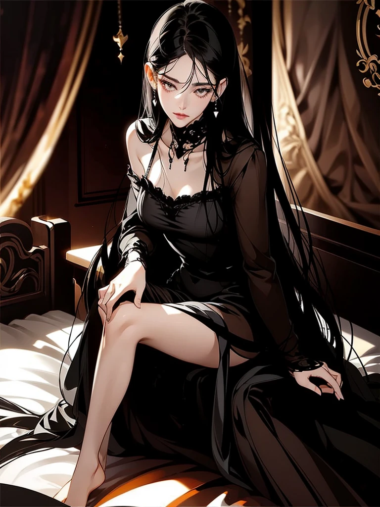 A long black hair girl, wears transparent nightgown, night, sitting on bed, dim bedroom, (elegant), (sexy), (devine), (brilliant), (splendid), tall, (mature), stunning, beautiful, aethereal, (1girl), solo girl, (luxury bedroom), many hearts, shadow, dim light, dark, cinematic, highest quality, extremely detailed, masterpiece, detailed background