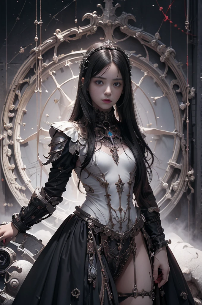 Highest quality, masterpiece, Ultra-high resolution, (reality: 1.9), (((Full length image,Front view))), Girl、13 years old 、Black Hair、Long twin tails、 ((Ultra-Realistic Details)) 、 Portraiture 、 Global Illumination 、 Shadow 、 Octane Rendering 、 In 8K 、 Ultra Sharp 、 Intricate decorative details 、 Cool colors 、 More about Gothic Lolita 、 Very intricate details 、 Realistic Light 、 CG Trends、Shining Eyes、To the camera、Neon Details、Small breasts、Visible cracks、Machinery Partechanical vertebrae attached to the back of the blood vessels connected to the tubes、A mechanical cervical tube worn around the neck、upright posture、Wired and cable connected to head、The background is the cathedral
