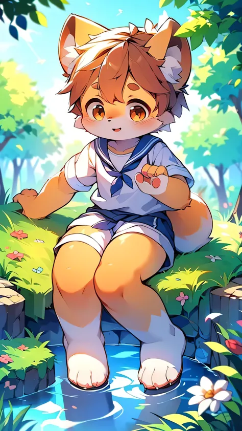 Red Panda Girl,Characteristics of the Sailor Suit,super high quality,Very detailed,High resolution,Cute art style in anime,Rice field scenery,(Cheerful teenager,13 years old:1.3),alone,single,Cute face female