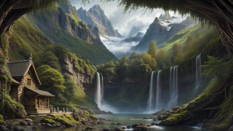 hyper detailed masterpiece, dynamic realistic digital art, awesome quality,  there is a waterfall in the middle of a mountain in...