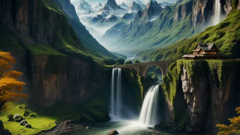 hyper detailed masterpiece, dynamic realistic digital art, awesome quality,  there is a waterfall in the middle of a mountain in...