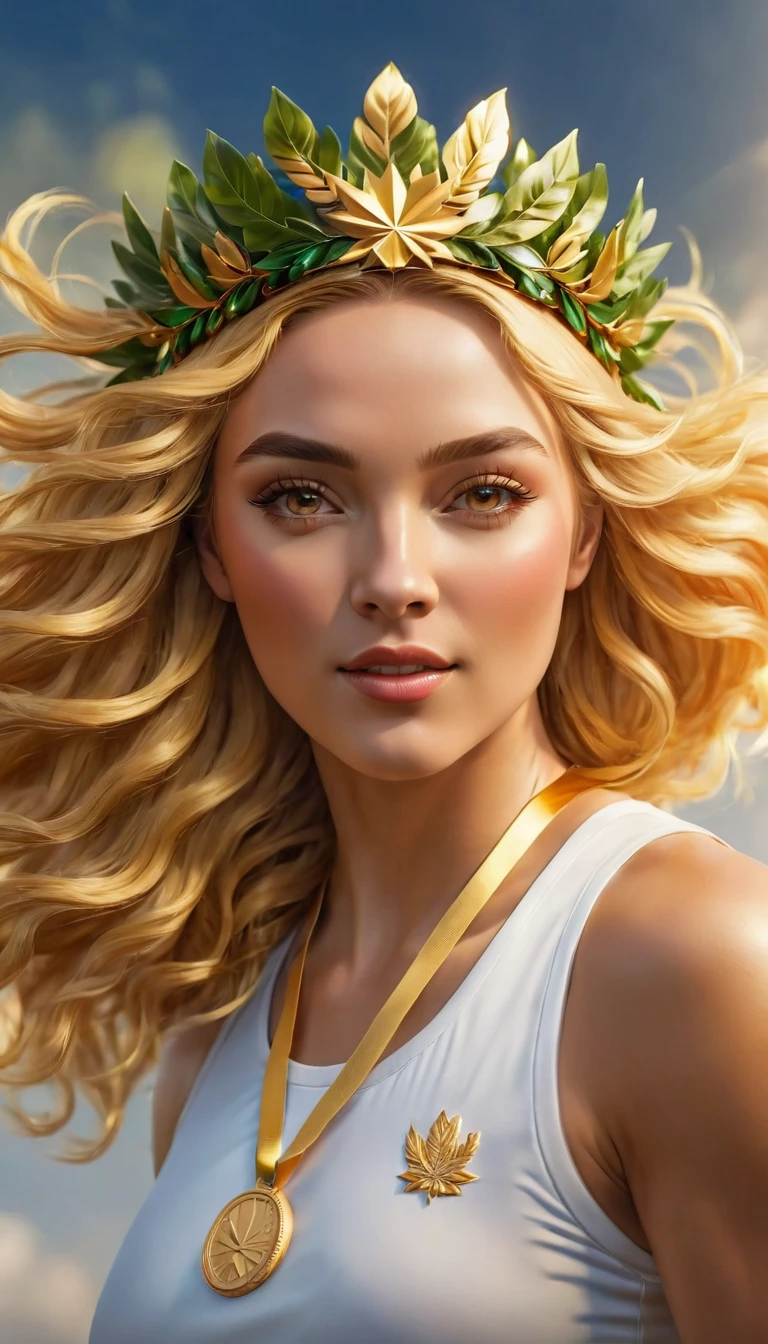 a facial portrait of a female sports Olympic winner wearing laurel leave crown and wearing gold medal, sense of excitement, a sense of ultimate triumph against all odds, she won the gold medal, (ultra detailed face: 1.2),  dynamic hair style, dynamic hair color, dynamic skin complexion, Hyperrealism style, vibrant, Ultra-high resolution, High Contrast, (masterpiece:1.5), highest quality, Best aesthetics), best details, best quality, highres,  16k, [ultra detailed], masterpiece, best quality, (extremely detailed) RAW, photograph