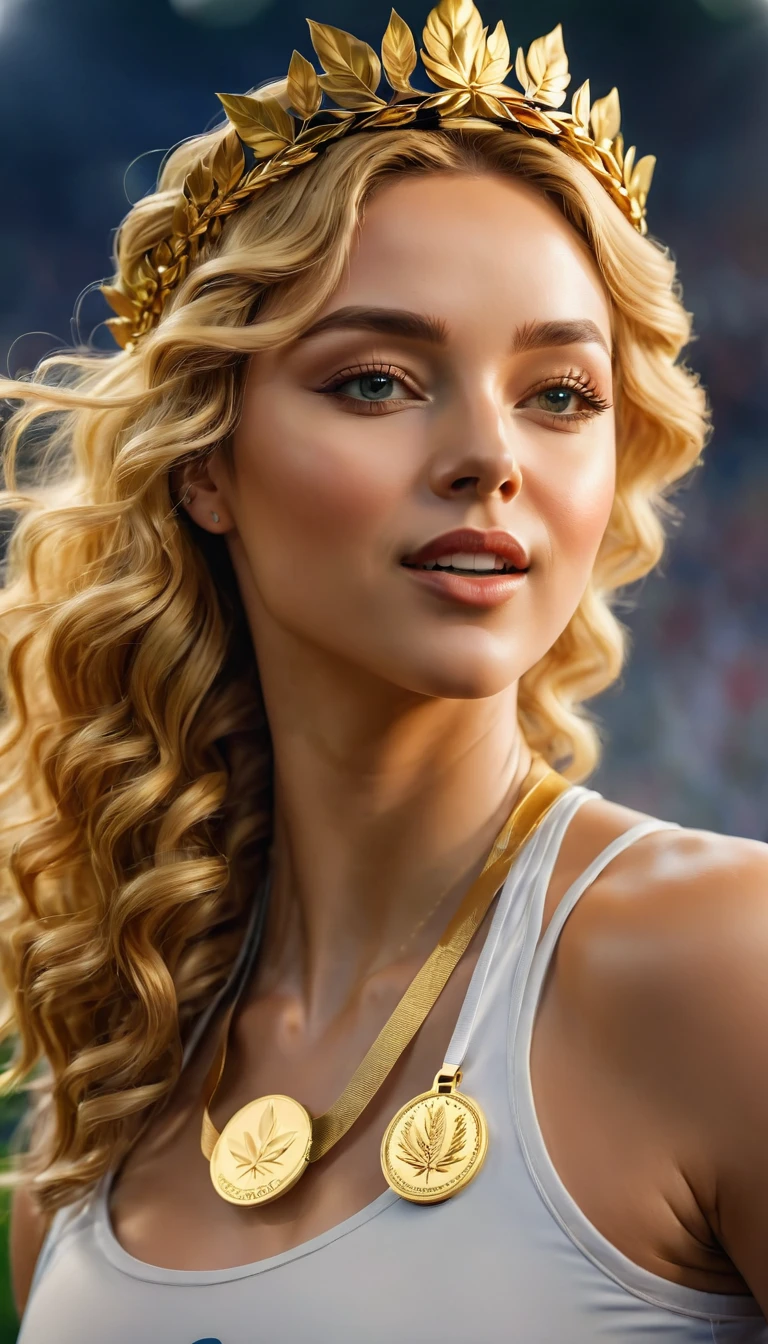 a facial portrait of a female sports Olympic winner wearing laurel leave crown and wearing gold medal, sense of excitement, a sense of ultimate triumph against all odds, she won the gold medal, (ultra detailed face: 1.2),  dynamic hair style, dynamic hair color, dynamic skin complexion, Hyperrealism style, vibrant, Ultra-high resolution, High Contrast, (masterpiece:1.5), highest quality, Best aesthetics), best details, best quality, highres,  16k, [ultra detailed], masterpiece, best quality, (extremely detailed) RAW, photograph