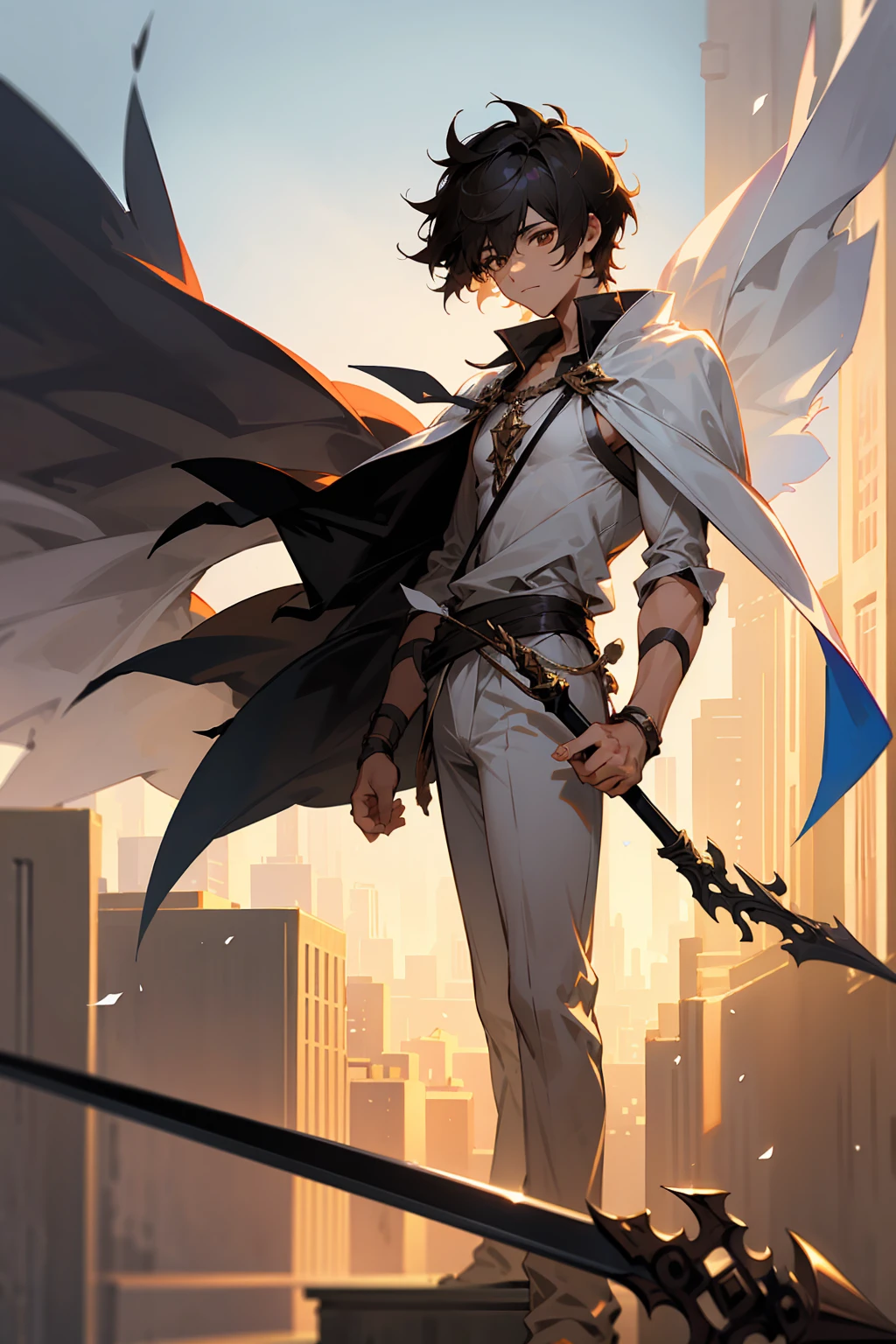 1male, Male, Black Short Fluffy Hair, Brown Eyes, Perfect Generation, Masterpiece Quality, Standing In city, Spear in Hand