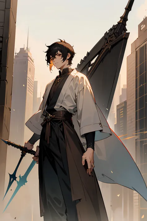 1male, male, black short fluffy hair, brown eyes, perfect generation, masterpiece quality, standing in city, spear in hand