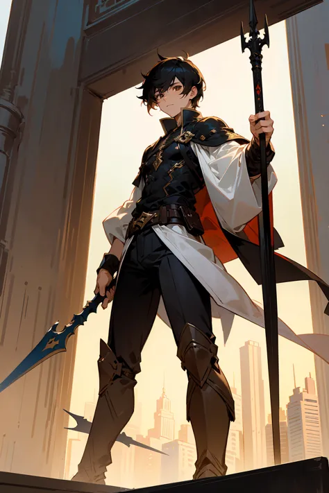 1male, male, black short fluffy hair, brown eyes, perfect generation, masterpiece quality, standing in city, spear in hand