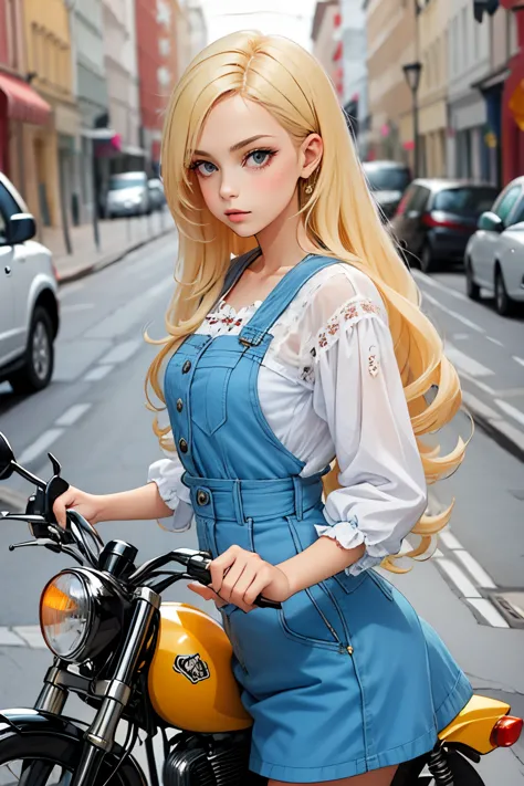 a woman takes a corner on a motorcycle, no helmet, long blonde hair flying, a beautiful woman, a lovely expression, a public roa...