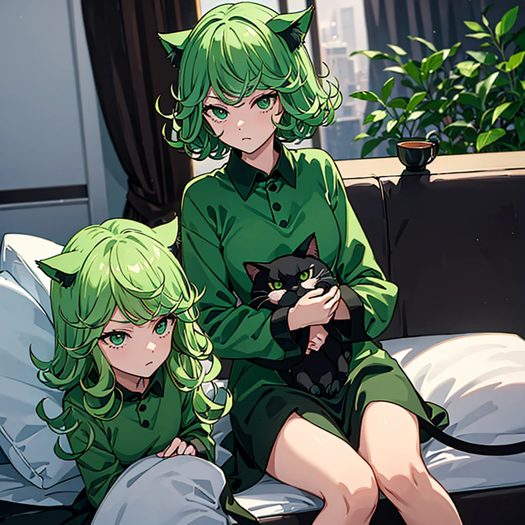 1girl, Tatsumaki, Cat Costume, Green Short Hair, Green Eyes, Cat Ears, Sit on the Sofa, holding A Cat, Sitting Room, Glanced at the camera, high res, ultrasharp, 8K, masterpiece, looking at viewer 