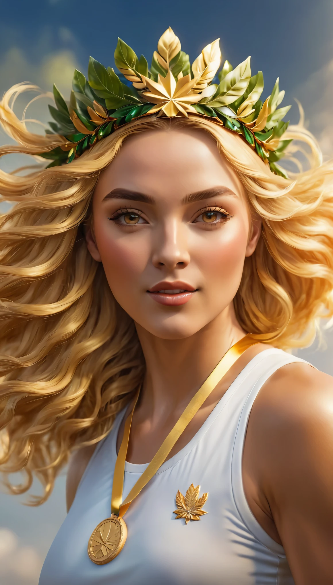 a facial portrait of a female sports Olympic winner wearing laurel leave crown and wearing gold medal, sense of excitement, a sense of ultimate triumph against all odds, she won the gold medal, (ultra detailed face: 1.2),  dynamic hair style, dynamic hair color, dynamic skin complexion, Hyperrealism style, vibrant, Ultra-high resolution, High Contrast, (masterpiece:1.5), highest quality, Best aesthetics), best details, best quality, highres,  16k, [ultra detailed], masterpiece, best quality, (extremely detailed) RAW, photograph