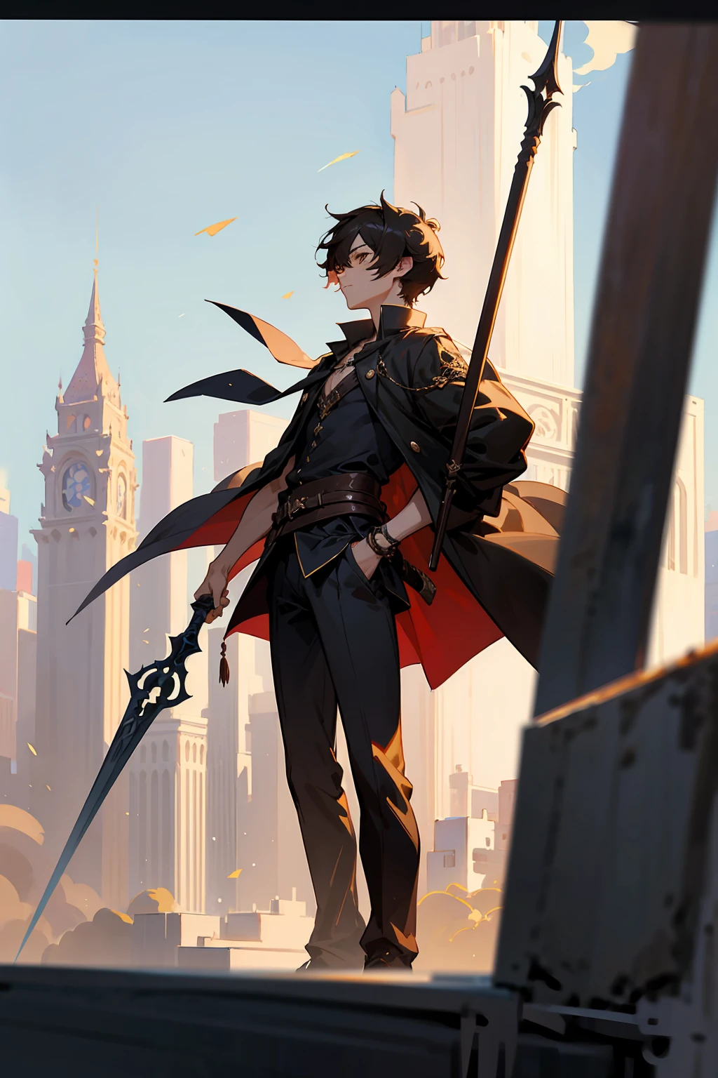 1male, Male, Black Short Fluffy Hair, Brown Eyes, Perfect Generation, Masterpiece Quality, Standing In city, Spear in Hand