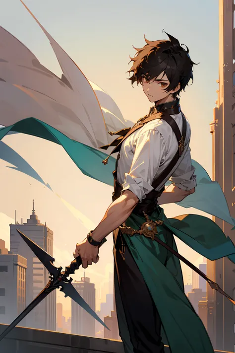 1male, male, black short fluffy hair, brown eyes, perfect generation, masterpiece quality, standing in city, spear in hand