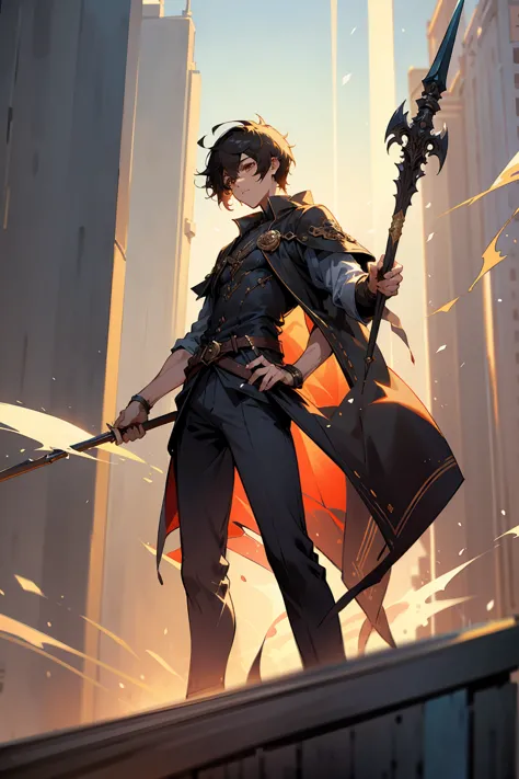 1male, male, black short fluffy hair, brown eyes, perfect generation, masterpiece quality, standing in city, spear in hand