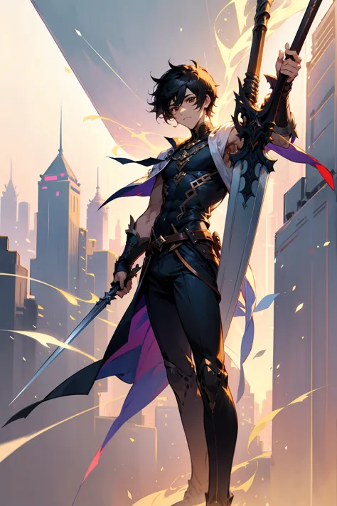 1male, male, black short fluffy hair, brown eyes, perfect generation, masterpiece quality, standing in city, spear in hand