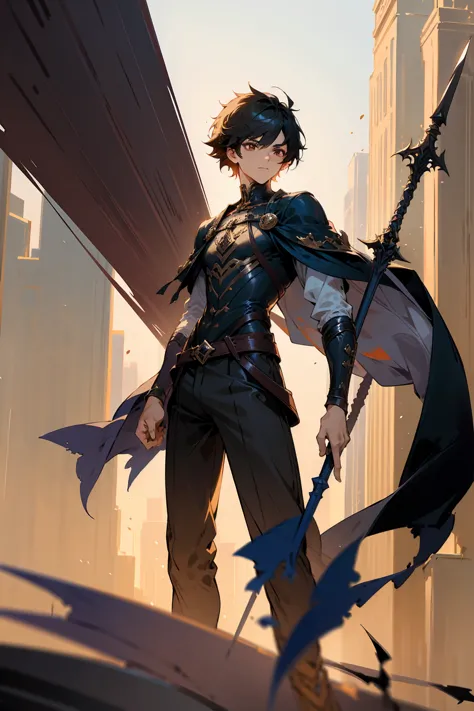 1male, male, black short fluffy hair, brown eyes, perfect generation, masterpiece quality, standing in city, spear in hand