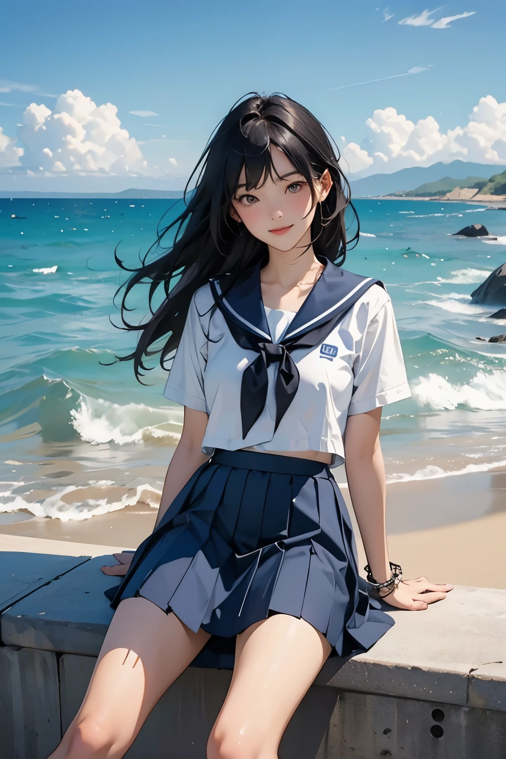 Beautiful 18 year old Japanese woman、Hair color is black、black eye、Medium Hair、Straight hair、smile、slender but well-proportioned body,、sit on a high breakwater on the beach、The blue sky is beautiful、There is an entrance cloud、summer、I'm wearing a sailor suit、Wearing a navy blue pleated skirt、Wear loafers、There is a road in front of the breakwater.、There is a sign indicating the bus stop.、The sea is beautiful、The horizon is beautiful、An island can be seen offshore