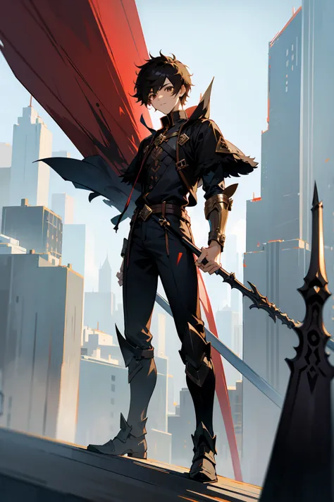 1male, male, black short fluffy hair, brown eyes, perfect generation, masterpiece quality, standing in city, spear in hand