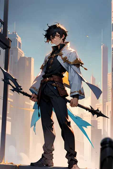 1male, male, black short fluffy hair, brown eyes, perfect generation, masterpiece quality, standing in city, spear in hand