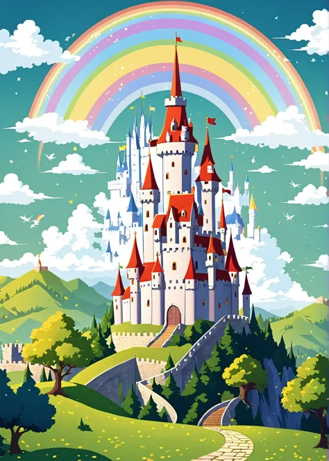 A cartoon castle，There is a rainbow in the sky and trees, Castle Background, Dream Castle, medieval Castle Background, Fairy tal...